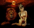 赤い月とライオンの中国人少女のヌード